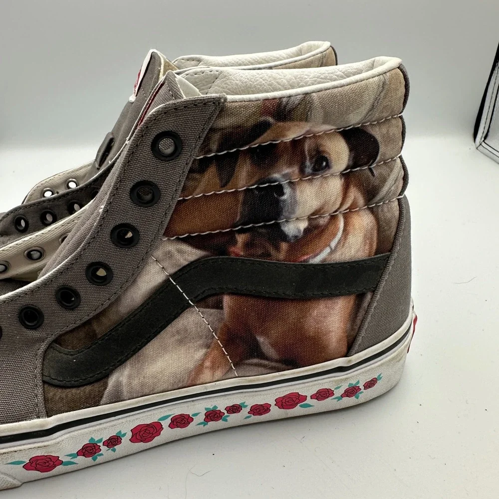 Vans Sk8-Hi Dog Print‎ High Top Skate Shoes Roses Gray Mens Size 9 Womens 10.5